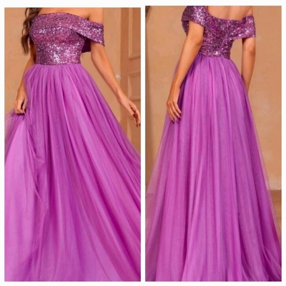Purple,  Off Shoulder,  Sleeveless,  A Line, Sequined Gown - Picture 1 of 9